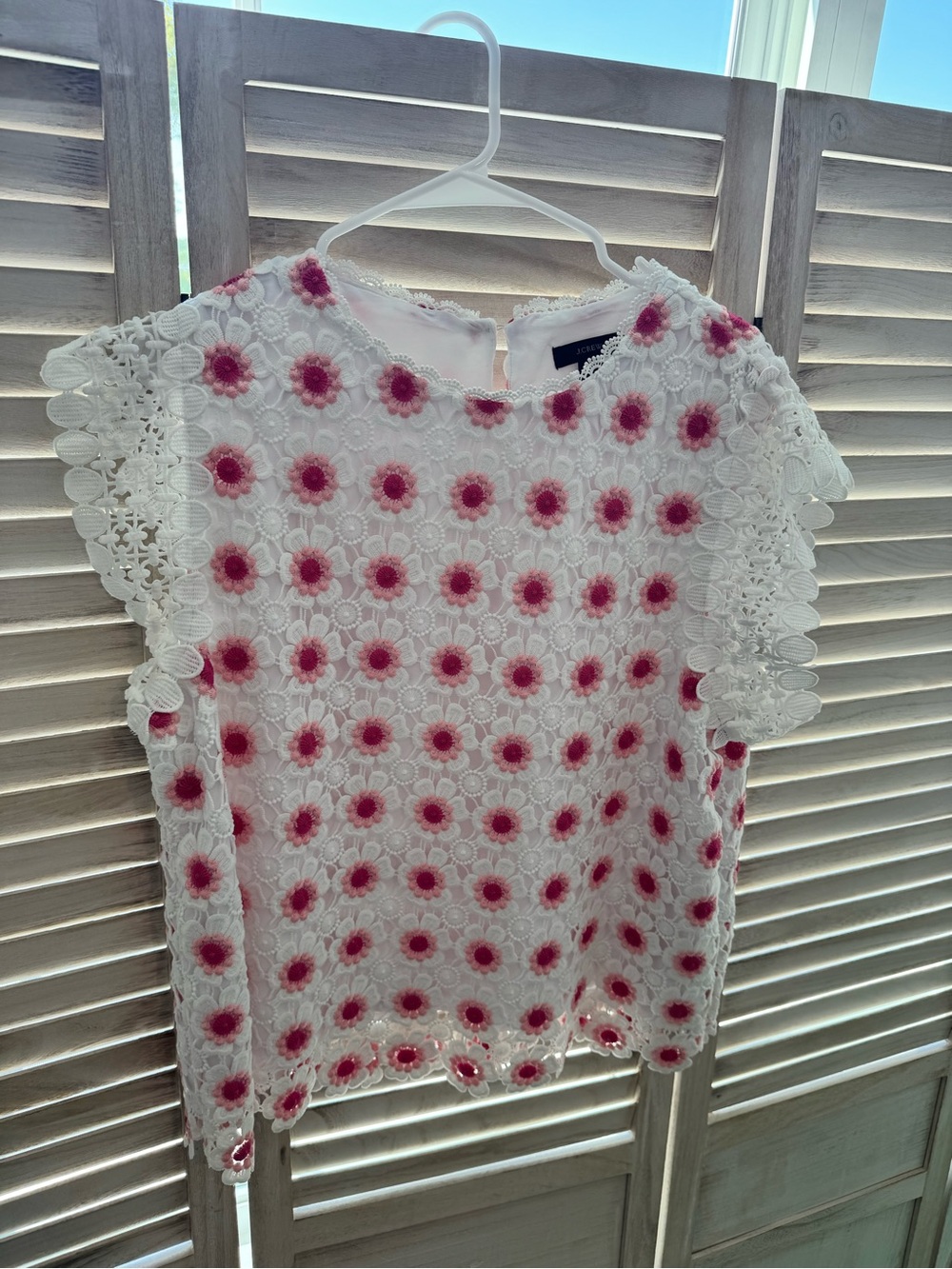 J. Crew White Crochet Lace Top with Pink Floral Dots